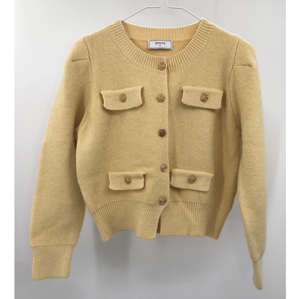 Rihoas Yellow Round Neck Knit Cardigan Sweater Gold Button One Size - Picture 3 of 9